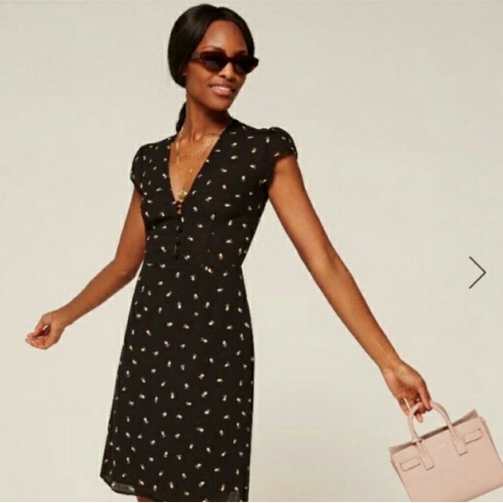 Reformation Ailey Fit & Flare Black Floral Mini Skater Dress in Bea Size 10